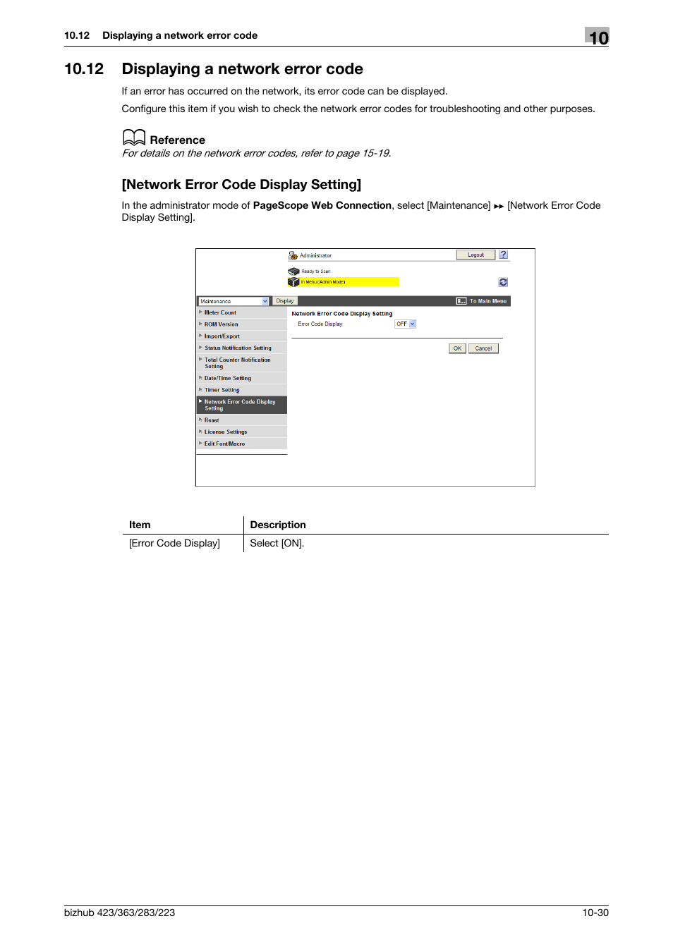 12 displaying a network error code, Network error code display setting | Konica Minolta BIZHUB 223 User Manual | Page 224 / 371