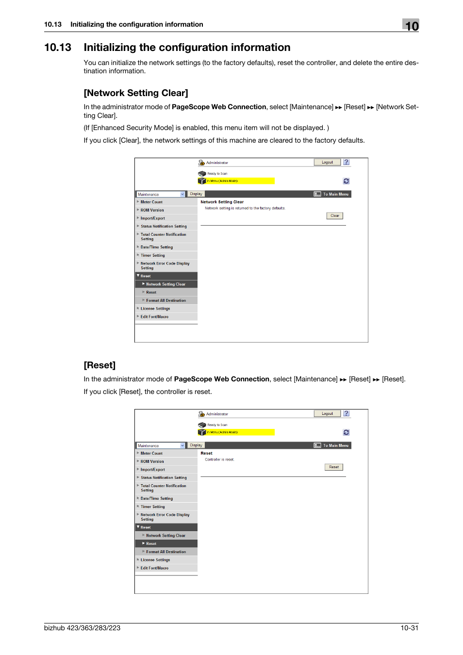 13 initializing the configuration information, Network setting clear, Reset | Konica Minolta BIZHUB 223 User Manual | Page 225 / 371