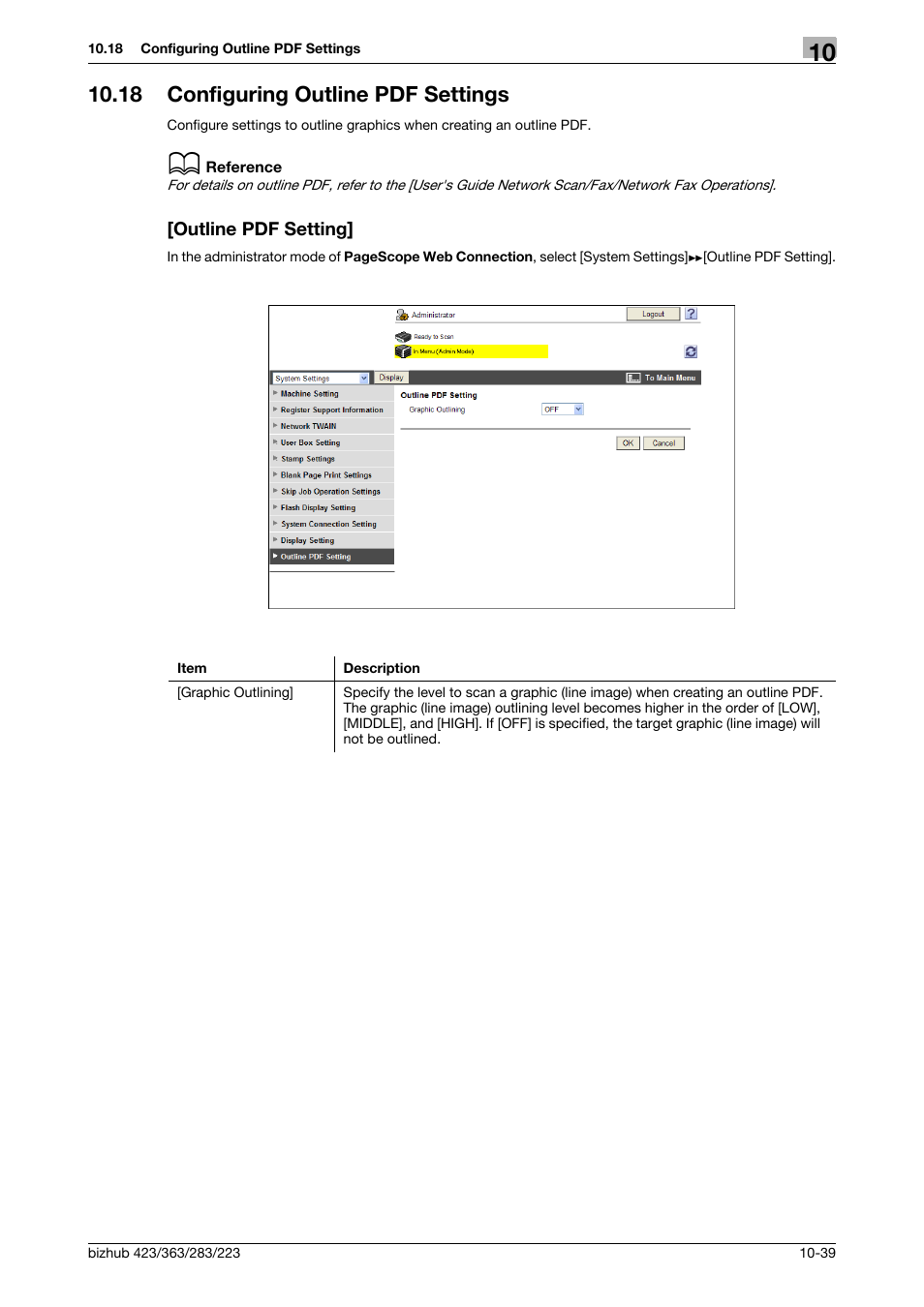 18 configuring outline pdf settings, Outline pdf setting | Konica Minolta BIZHUB 223 User Manual | Page 233 / 371