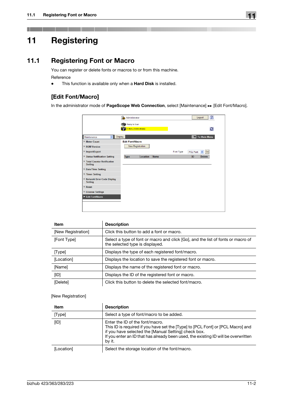 11 registering, 1 registering font or macro, Edit font/macro | Registering, Registering font or macro -2 [edit font/macro] -2 | Konica Minolta BIZHUB 223 User Manual | Page 235 / 371