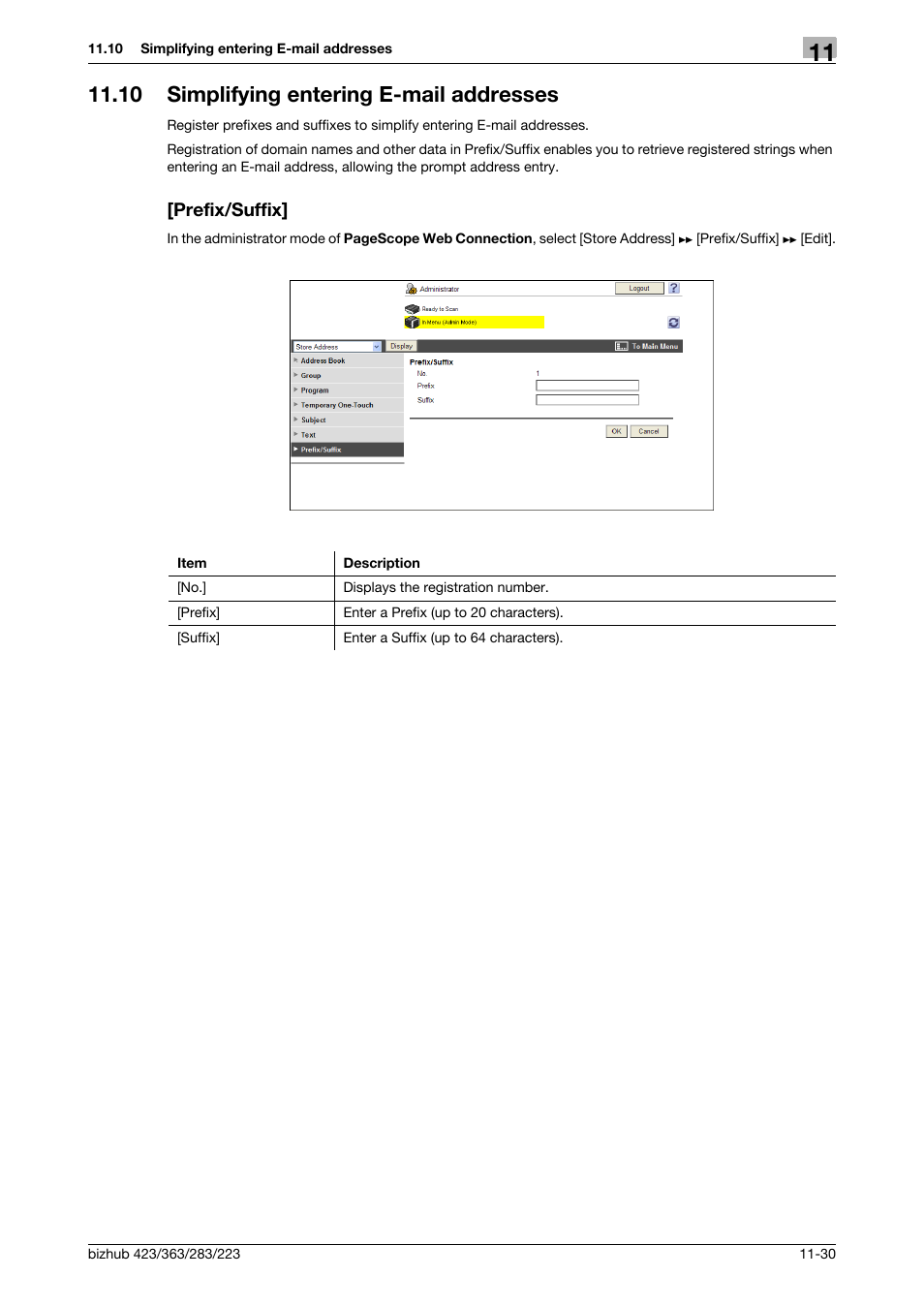 10 simplifying entering e-mail addresses, Prefix/suffix | Konica Minolta BIZHUB 223 User Manual | Page 263 / 371