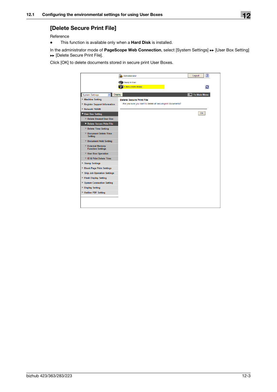 Delete secure print file, Delete secure print file] -3 | Konica Minolta BIZHUB 223 User Manual | Page 273 / 371