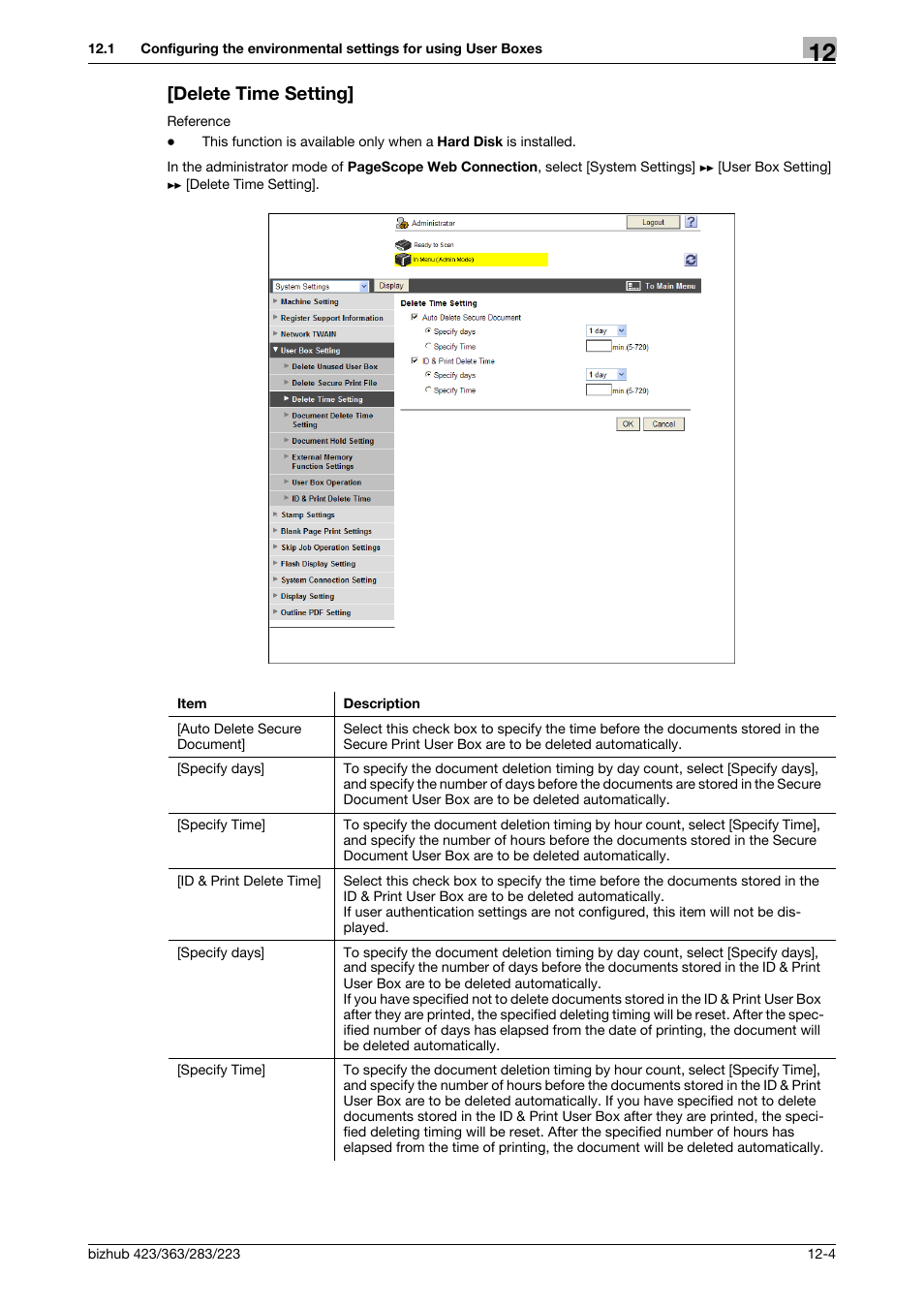 Delete time setting, Delete time setting] -4 | Konica Minolta BIZHUB 223 User Manual | Page 274 / 371