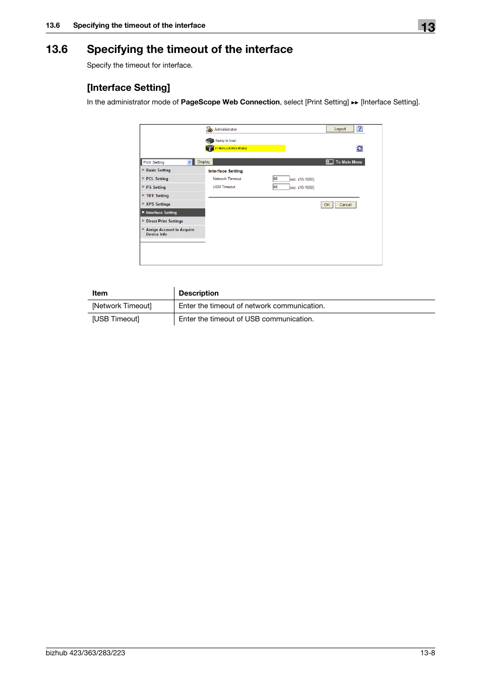 6 specifying the timeout of the interface, Interface setting | Konica Minolta BIZHUB 223 User Manual | Page 297 / 371