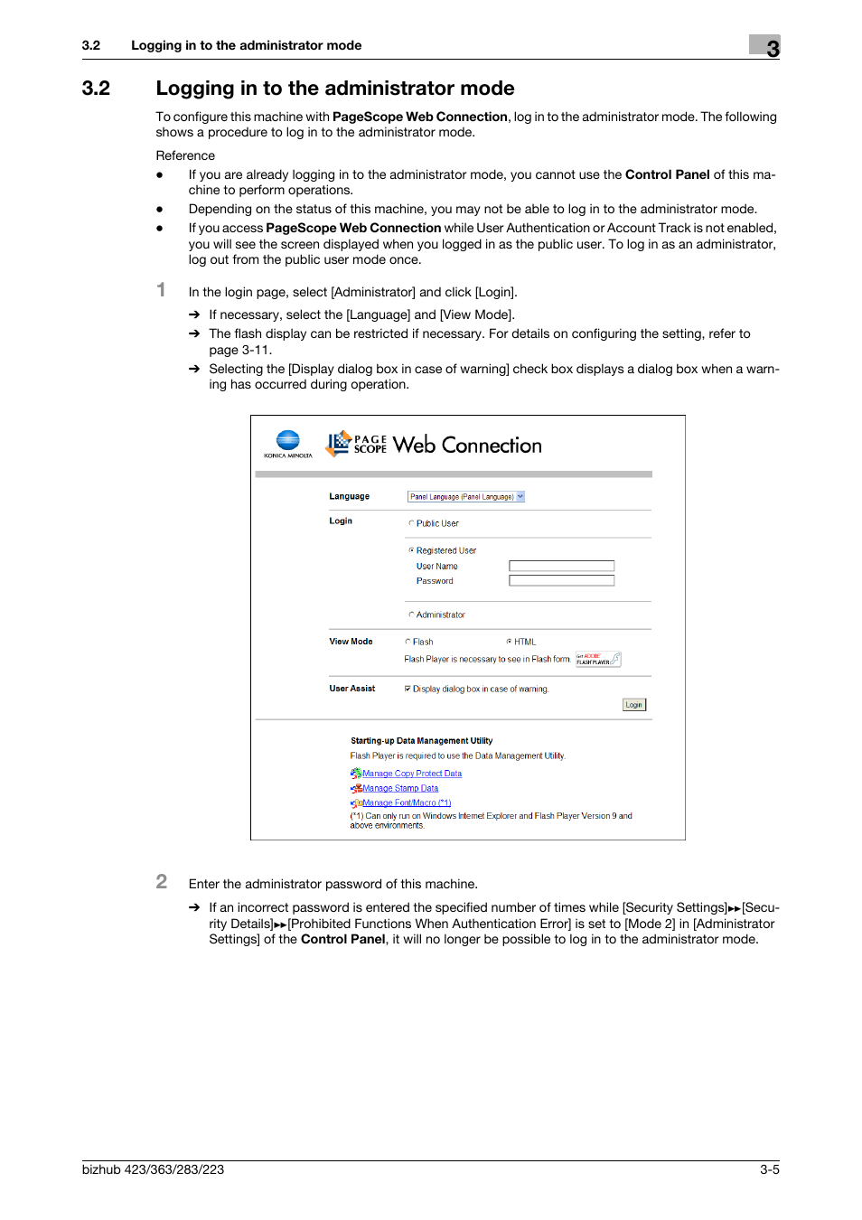 2 logging in to the administrator mode, Logging in to the administrator mode -5 | Konica Minolta BIZHUB 223 User Manual | Page 30 / 371