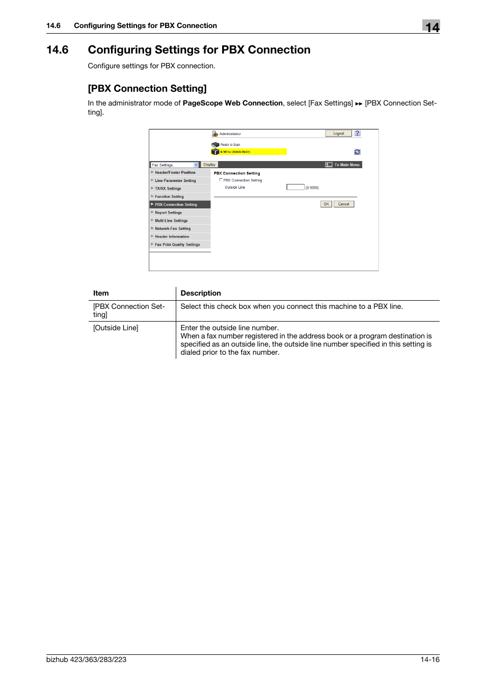 6 configuring settings for pbx connection, Pbx connection setting | Konica Minolta BIZHUB 223 User Manual | Page 315 / 371