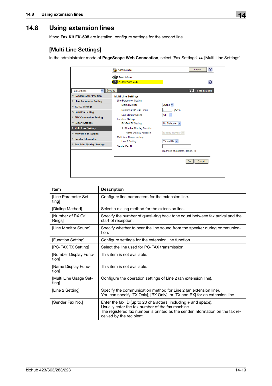 8 using extension lines, Multi line settings | Konica Minolta BIZHUB 223 User Manual | Page 318 / 371