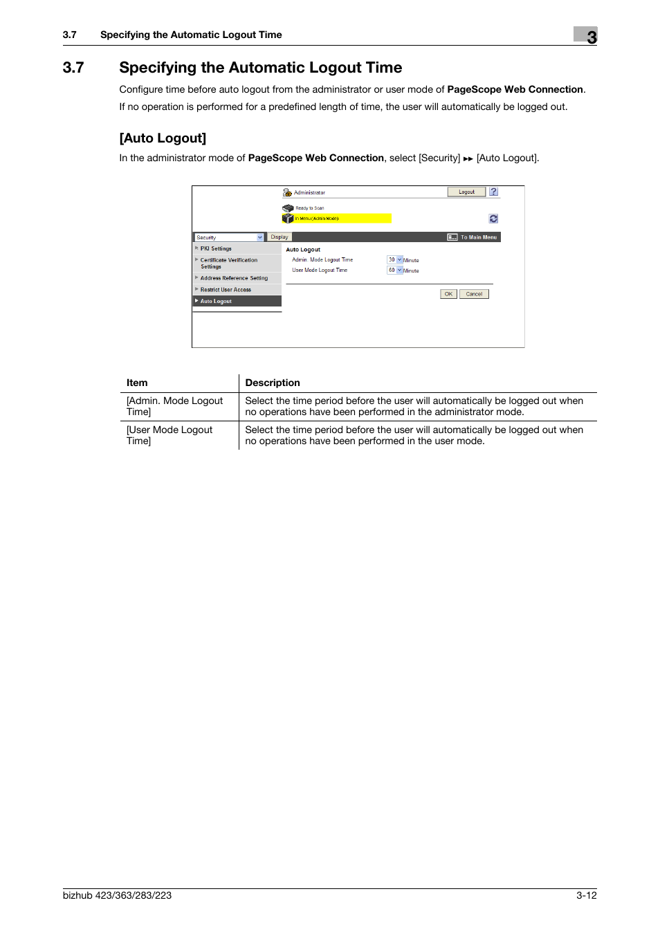 7 specifying the automatic logout time, Auto logout | Konica Minolta BIZHUB 223 User Manual | Page 37 / 371