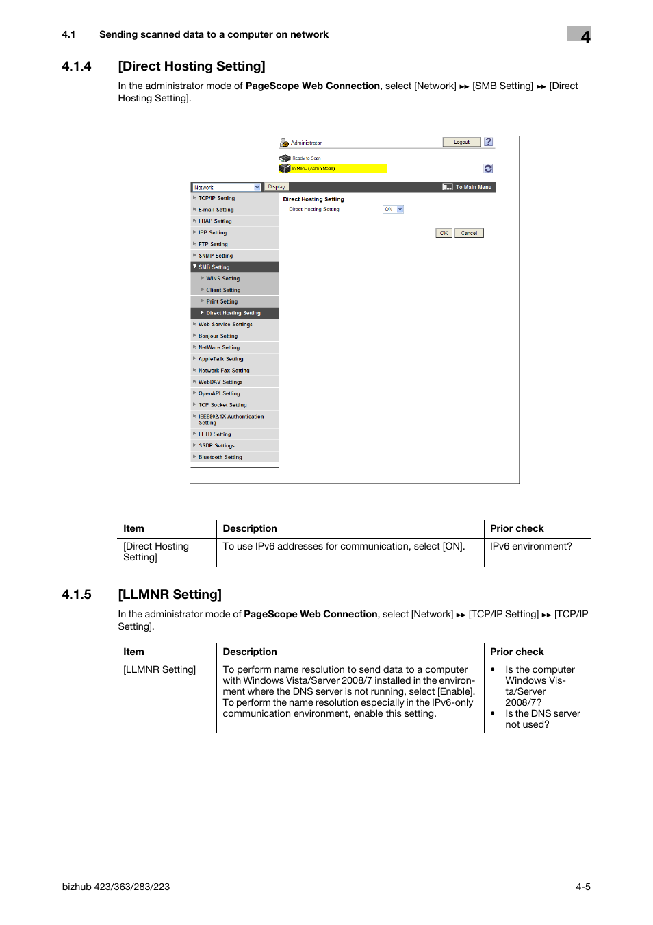 4 [direct hosting setting, 5 [llmnr setting, Direct hosting setting] -5 | Llmnr setting] -5, Direct hosting setting, Llmnr setting | Konica Minolta BIZHUB 223 User Manual | Page 42 / 371