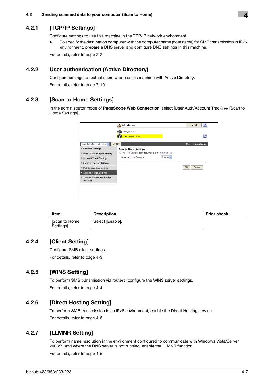 1 [tcp/ip settings, 2 user authentication (active directory), 3 [scan to home settings | 4 [client setting, 5 [wins setting, 6 [direct hosting setting, 7 [llmnr setting, Tcp/ip settings] -7, User authentication (active directory) -7, Scan to home settings] -7 | Konica Minolta BIZHUB 223 User Manual | Page 44 / 371