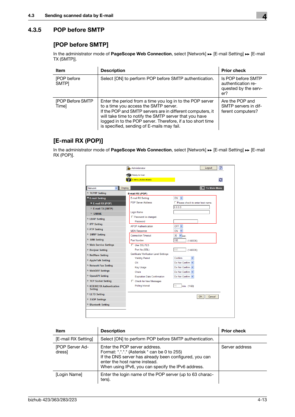 5 pop before smtp, Pop before smtp, E-mail rx (pop) | 5 pop before smtp [pop before smtp | Konica Minolta BIZHUB 223 User Manual | Page 50 / 371