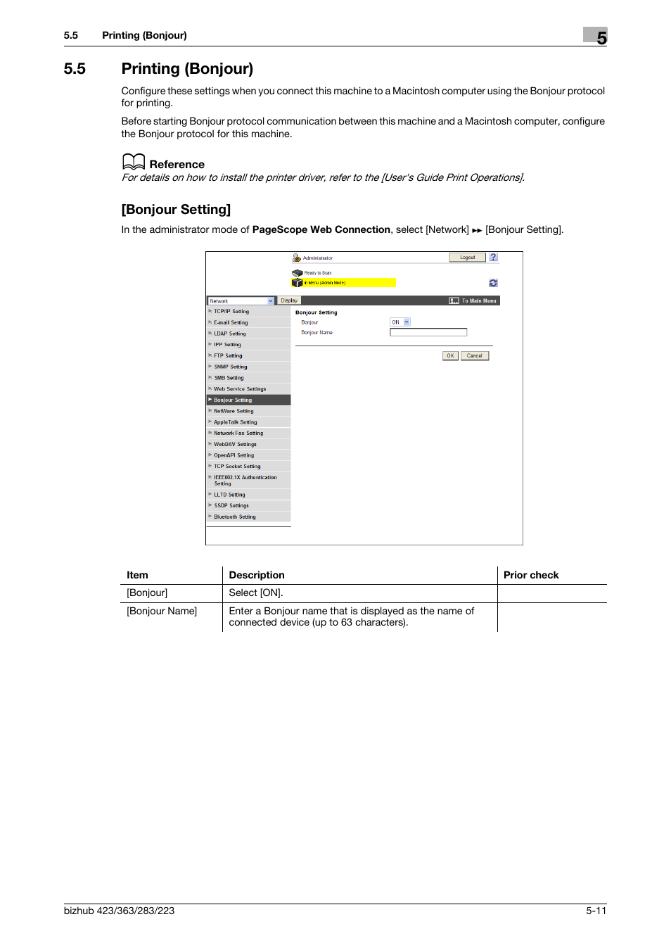 5 printing (bonjour), Bonjour setting, Printing (bonjour) -11 [bonjour setting] -11 | Konica Minolta BIZHUB 223 User Manual | Page 83 / 371