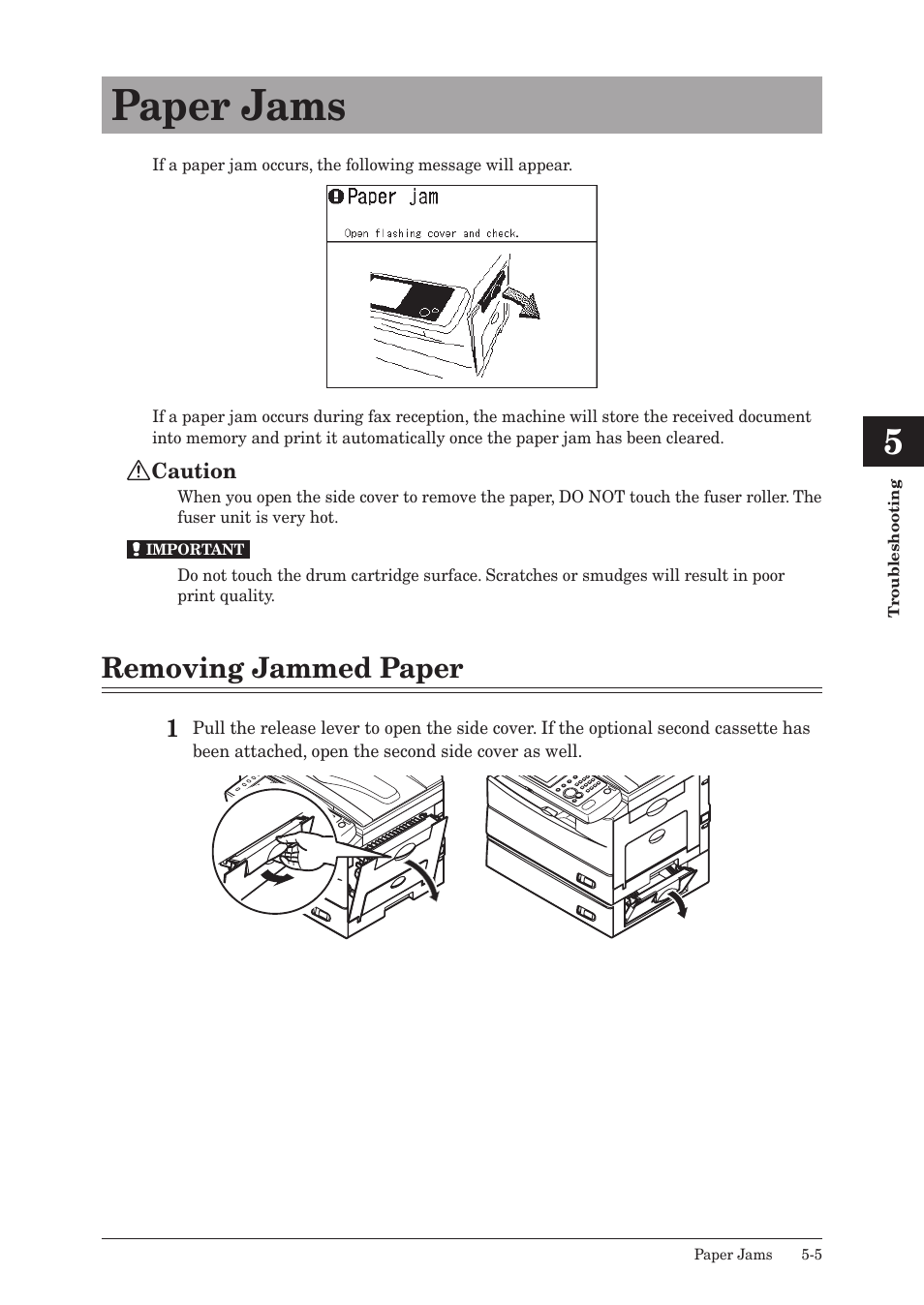 Paper jams, Removing jammed paper, Paper jams -5 | Removing jammed paper -5 | Konica Minolta bizhub 25 User Manual | Page 108 / 122