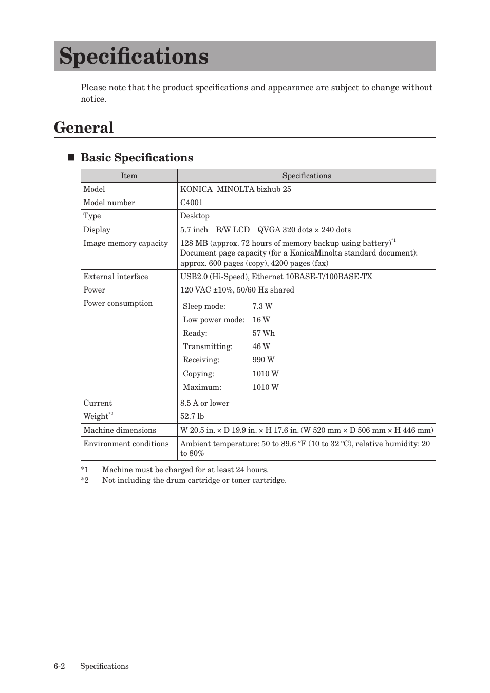 Specifications, General, Specifications -2 | General -2, Basic specifications | Konica Minolta bizhub 25 User Manual | Page 115 / 122