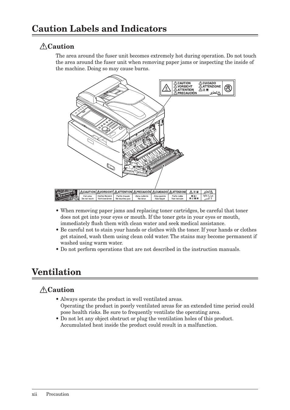 Caution labels and indicators, Ventilation, Caution | Konica Minolta bizhub 25 User Manual | Page 13 / 122