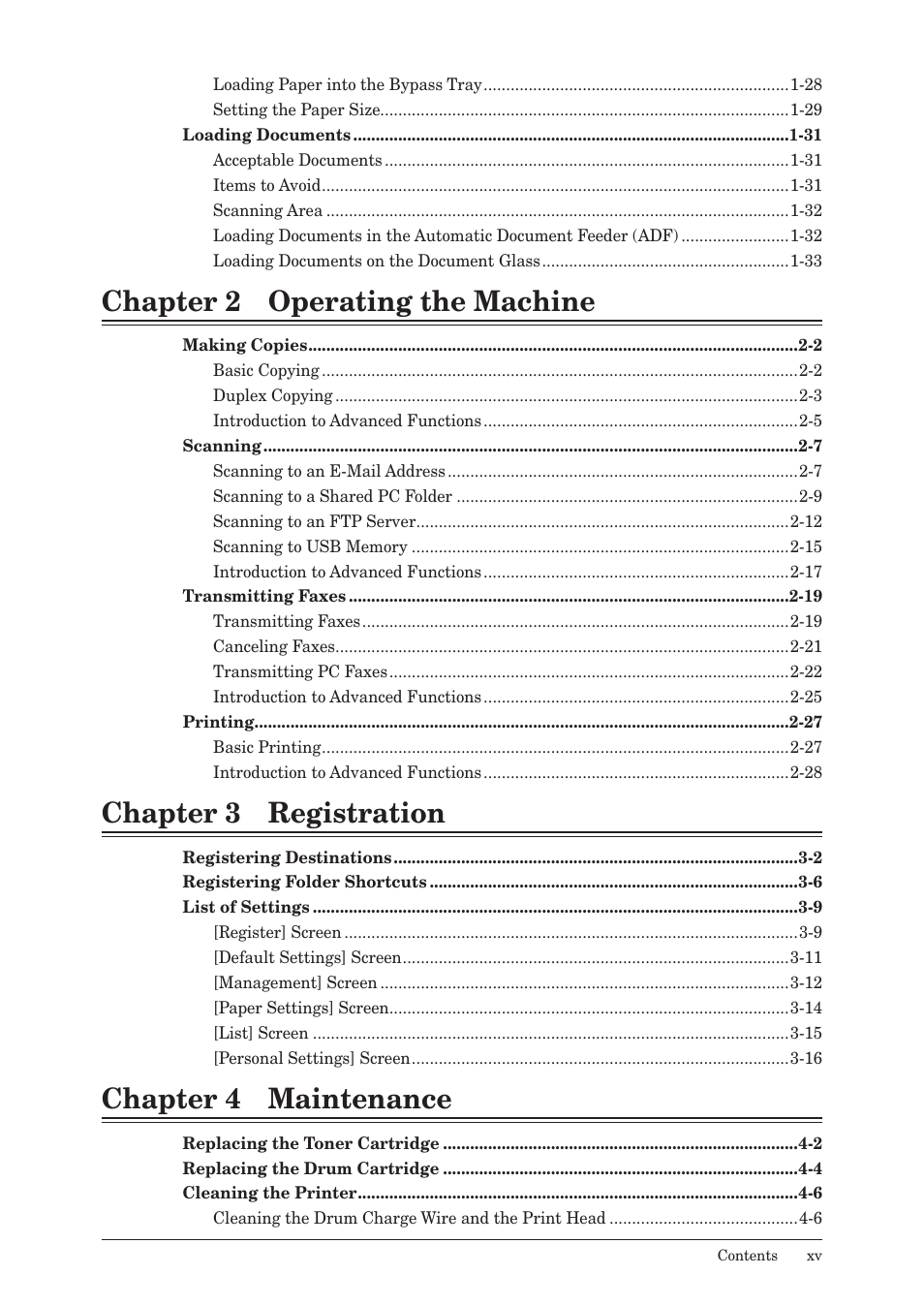 Chapter 2 operating the machine, Chapter 3 registration, Chapter 4 maintenance | Konica Minolta bizhub 25 User Manual | Page 16 / 122