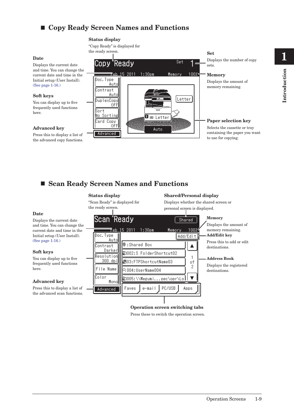 Copy ready screen names and functions, Scan ready screen names and functions | Konica Minolta bizhub 25 User Manual | Page 28 / 122