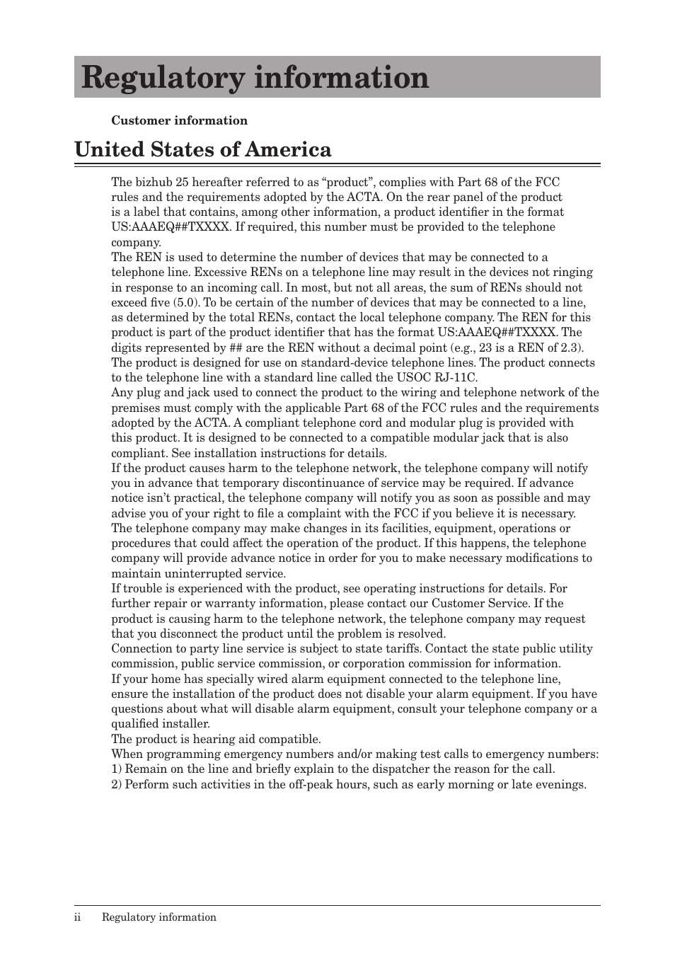 Regulatory information, United states of america | Konica Minolta bizhub 25 User Manual | Page 3 / 122