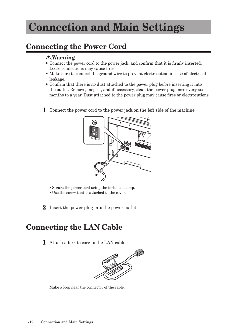 Connection and main settings, Connecting the power cord, Connecting the lan cable | Connection and main settings -12 | Konica Minolta bizhub 25 User Manual | Page 31 / 122