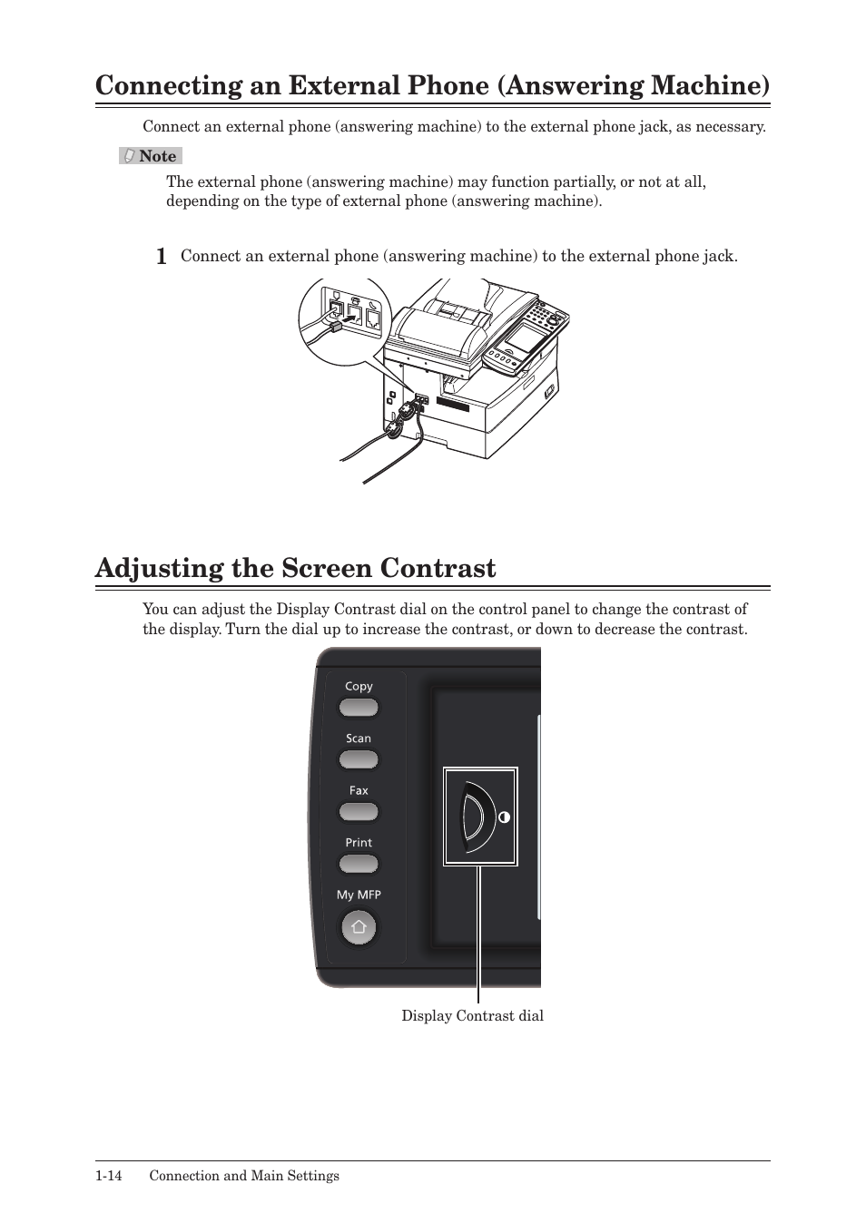 Connecting an external phone (answering machine), Adjusting the screen contrast | Konica Minolta bizhub 25 User Manual | Page 33 / 122