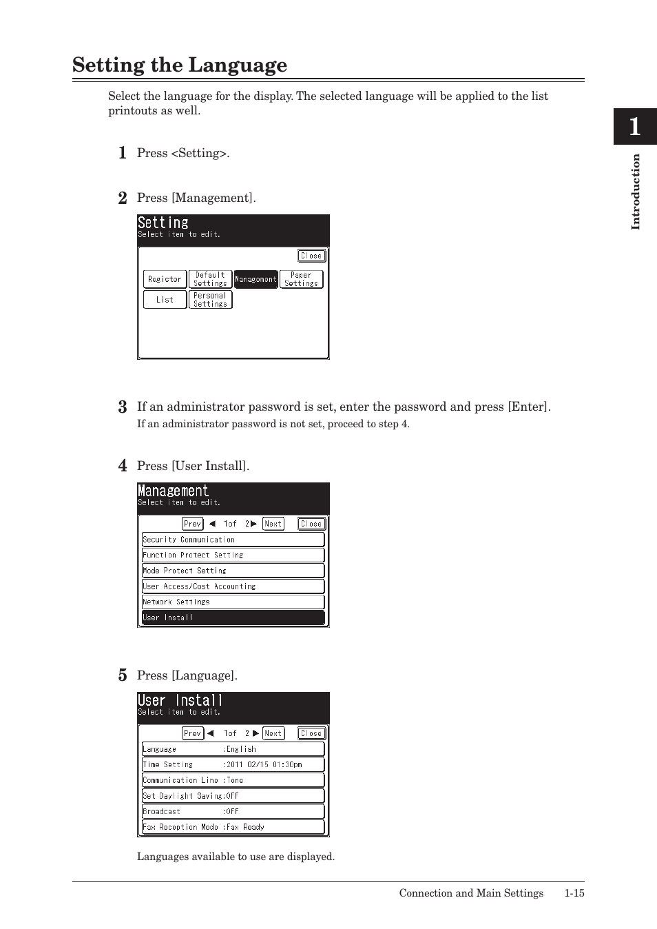 Setting the language, Setting the language -15 | Konica Minolta bizhub 25 User Manual | Page 34 / 122