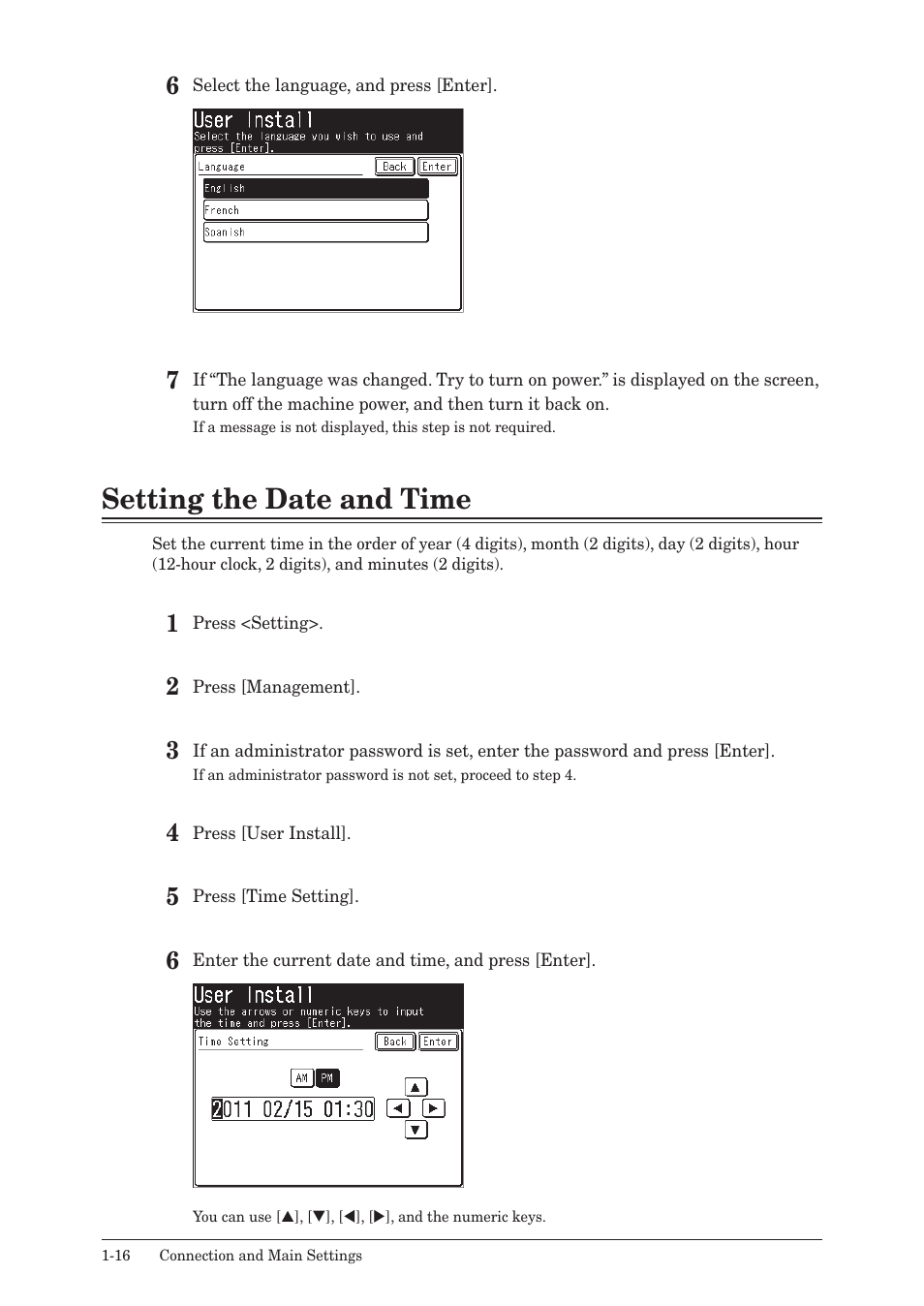 Setting the date and time, Setting the date and time -16 | Konica Minolta bizhub 25 User Manual | Page 35 / 122