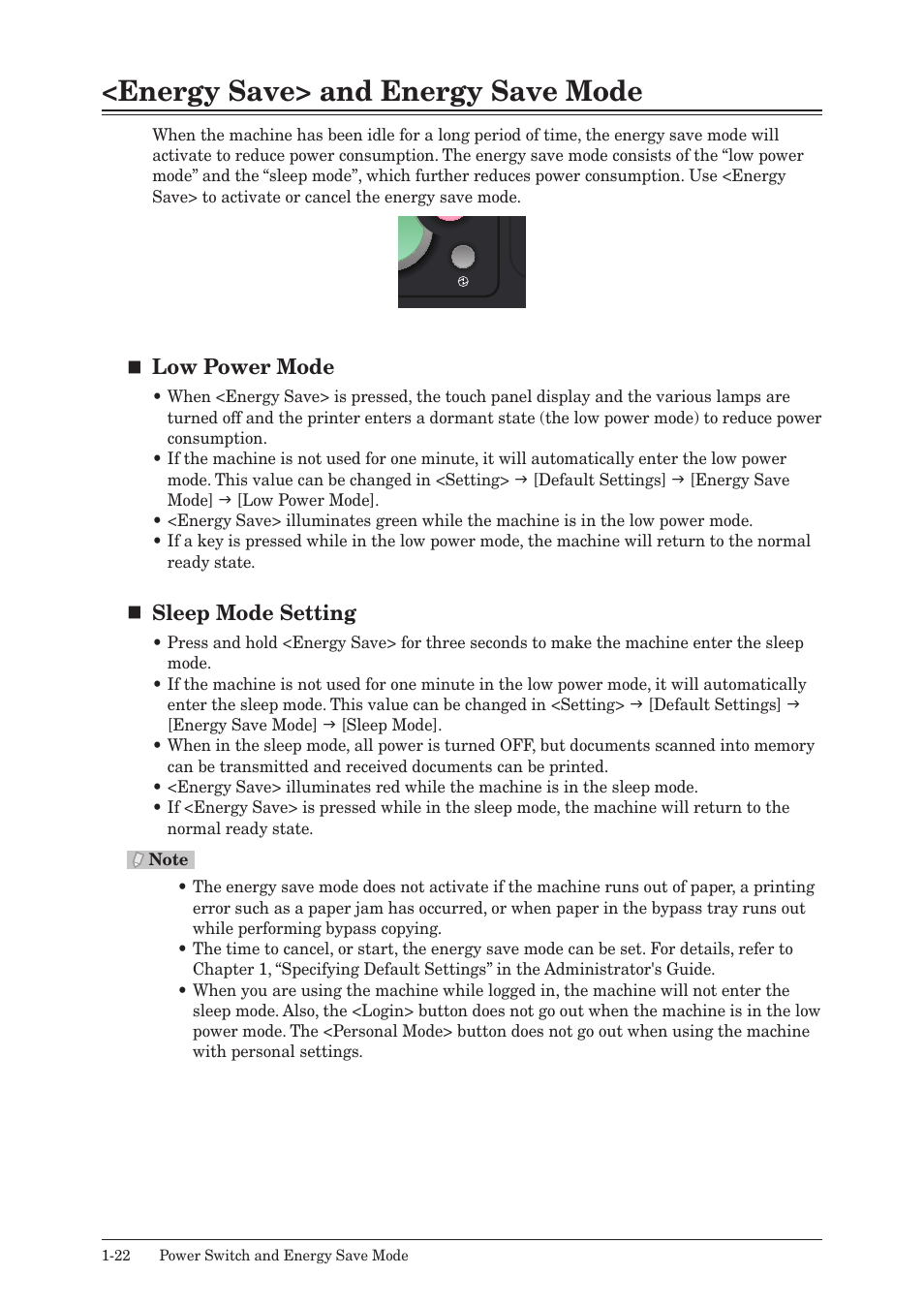 Energy save> and energy save mode, Energy save> and energy save mode -22, Low power mode | Sleep mode setting | Konica Minolta bizhub 25 User Manual | Page 41 / 122