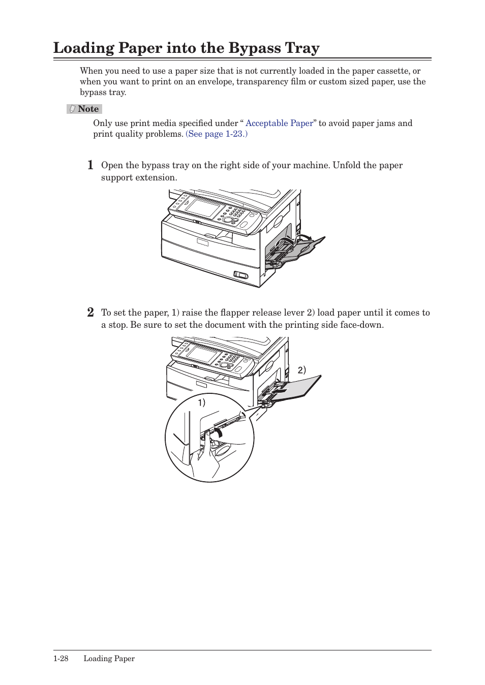 Loading paper into the bypass tray, Loading paper into the bypass tray -28 | Konica Minolta bizhub 25 User Manual | Page 47 / 122