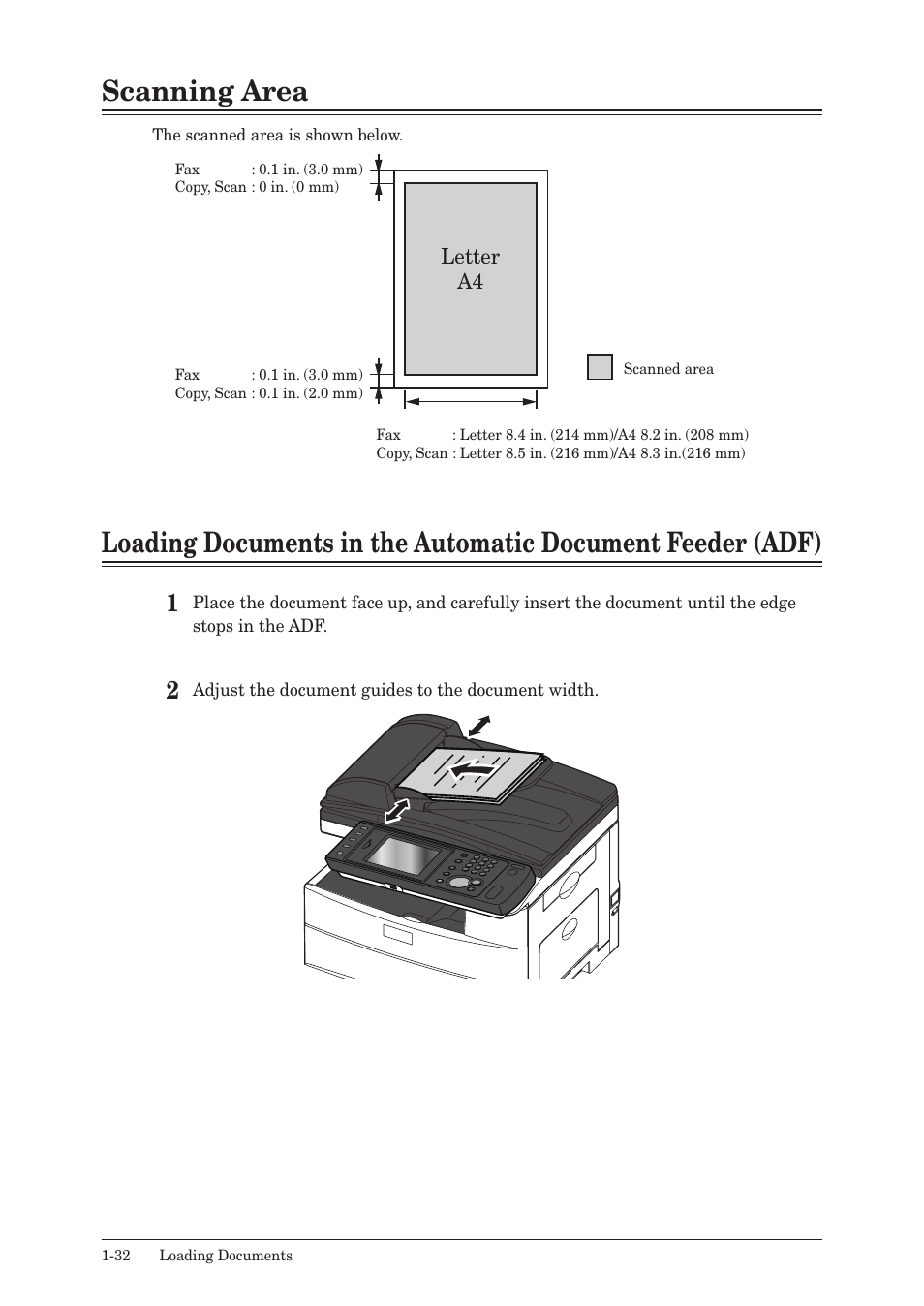 Scanning area, Letter a4 | Konica Minolta bizhub 25 User Manual | Page 51 / 122