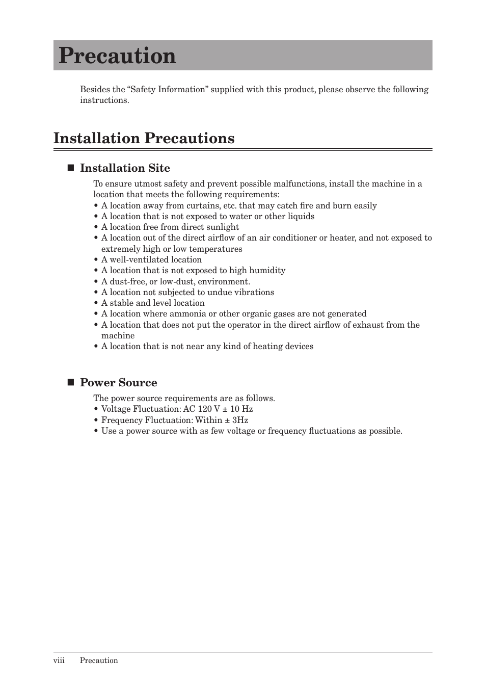 Precaution, Installation precautions, Installation site | Power source | Konica Minolta bizhub 25 User Manual | Page 9 / 122