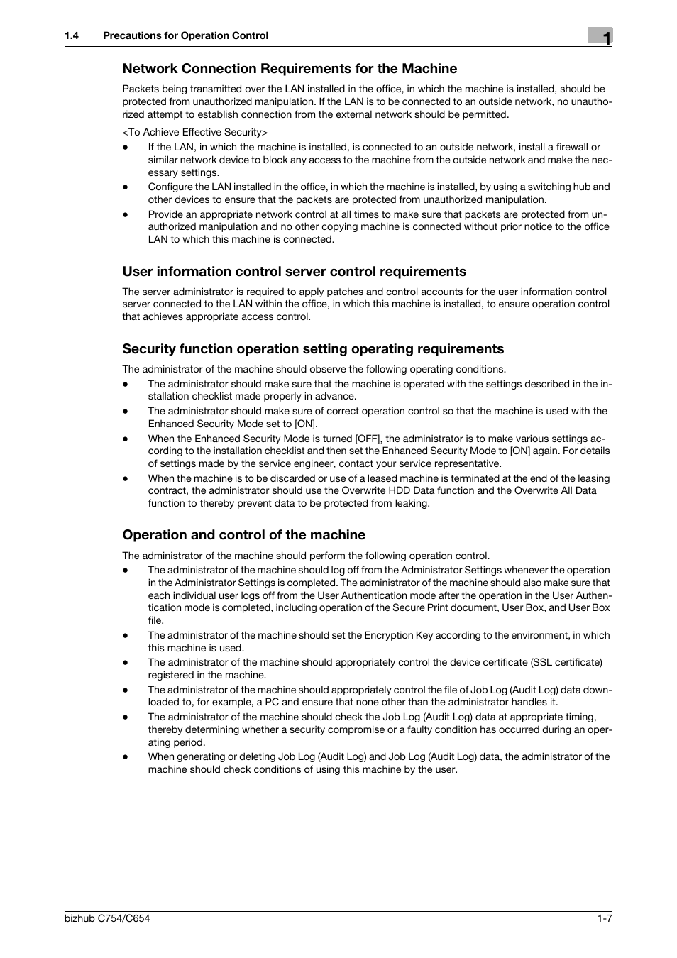 Network connection requirements for the machine, Operation and control of the machine | Konica Minolta bizhub C754 User Manual | Page 11 / 195