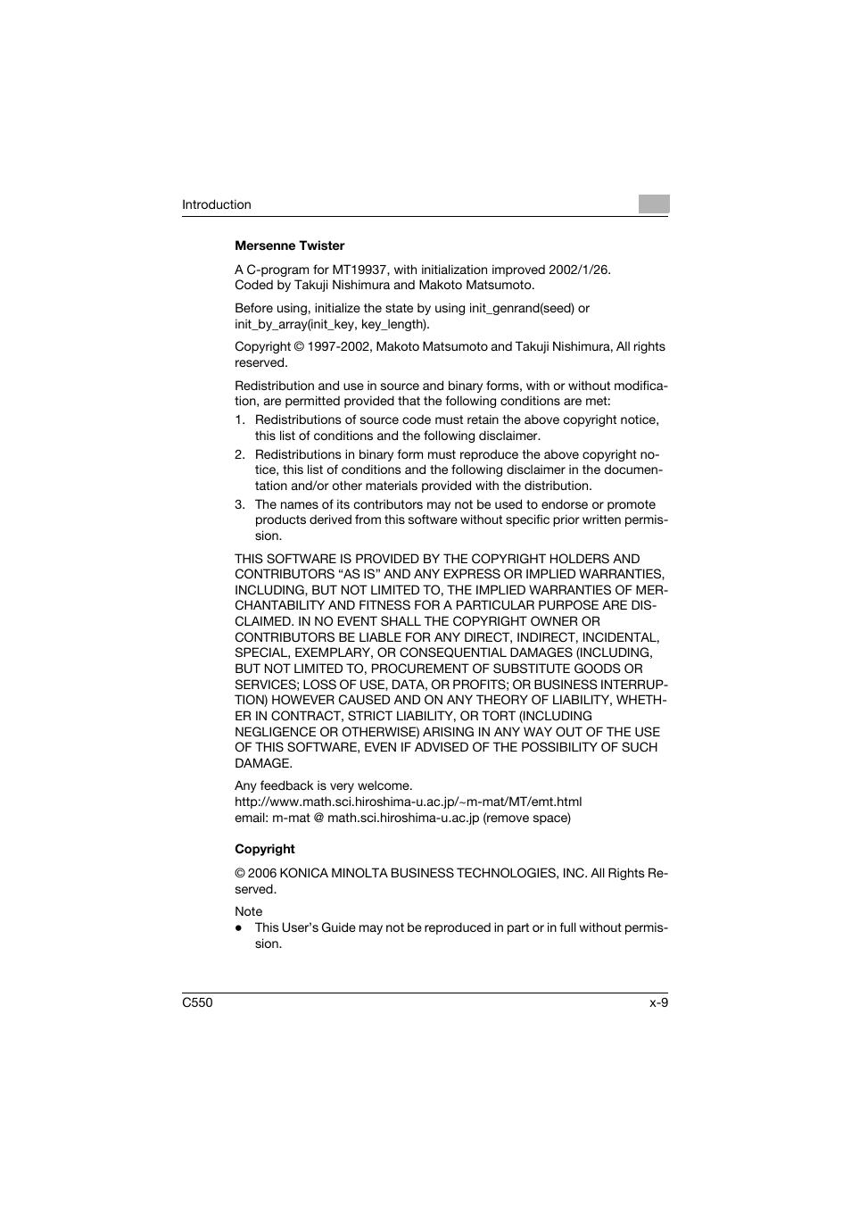 Mersenne twister, Copyright | Konica Minolta bizhub C550 User Manual | Page 10 / 243