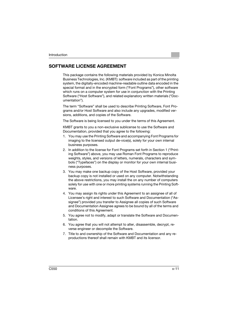 Software license agreement | Konica Minolta bizhub C550 User Manual | Page 12 / 243