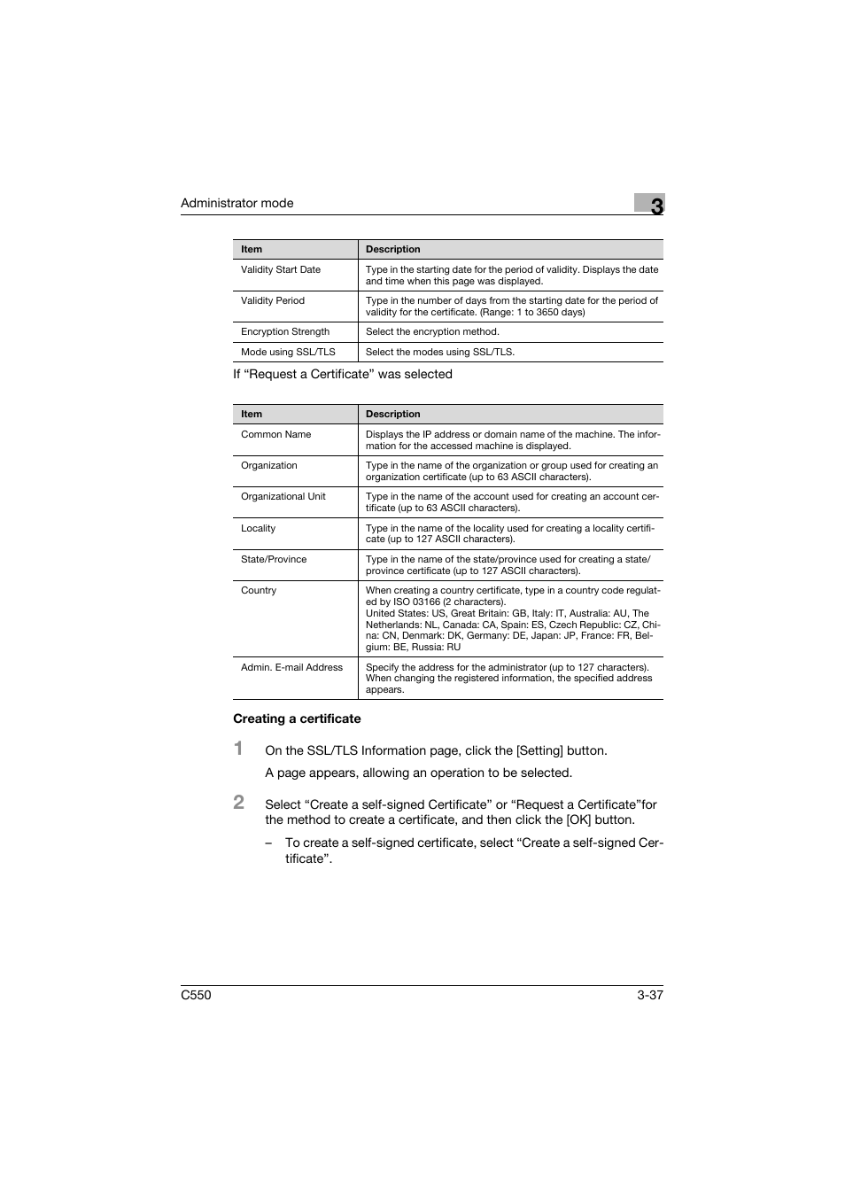 Creating a certificate, Creating a certificate -37 | Konica Minolta bizhub C550 User Manual | Page 144 / 243