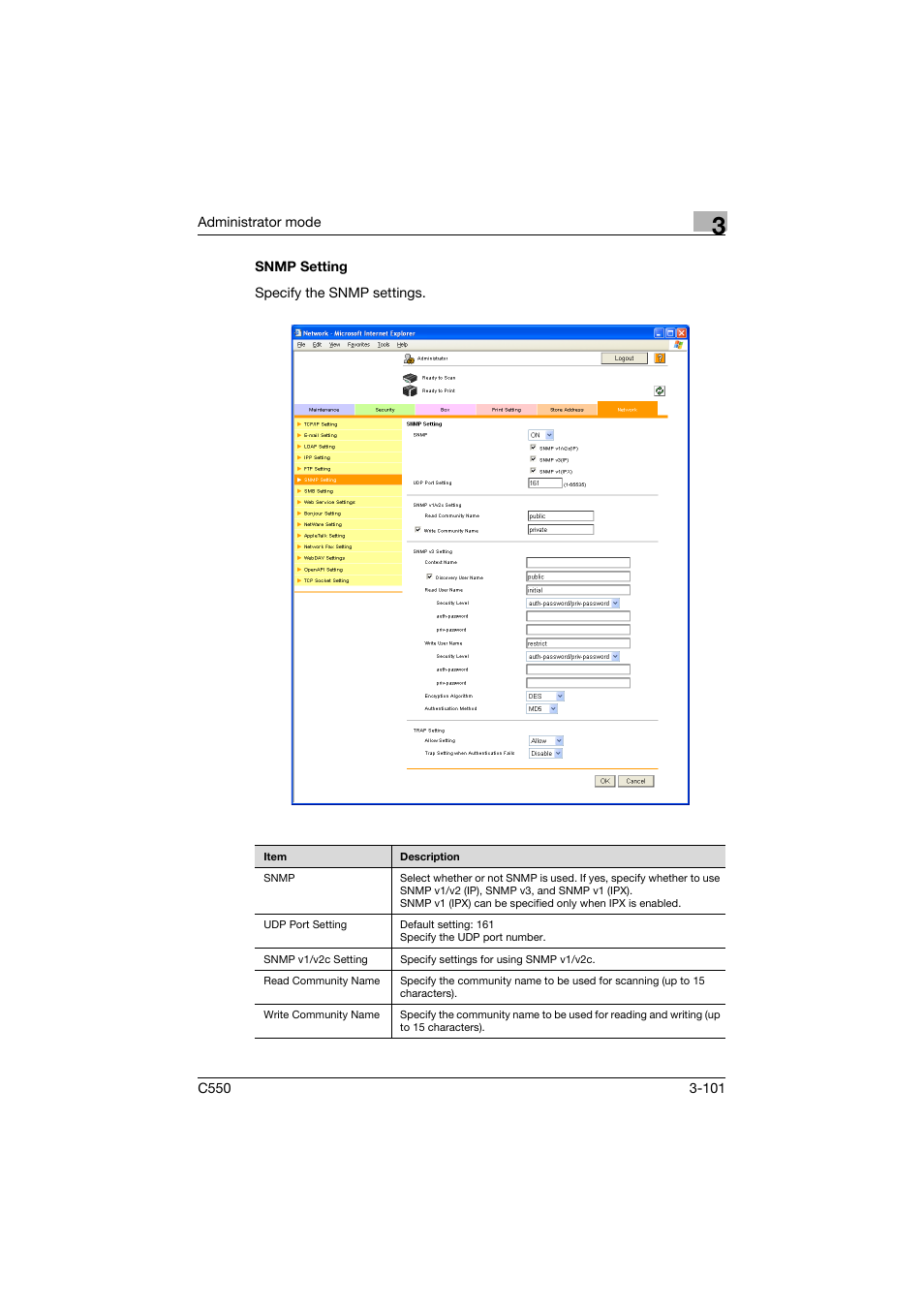 Snmp setting, Snmp setting -101 | Konica Minolta bizhub C550 User Manual | Page 208 / 243