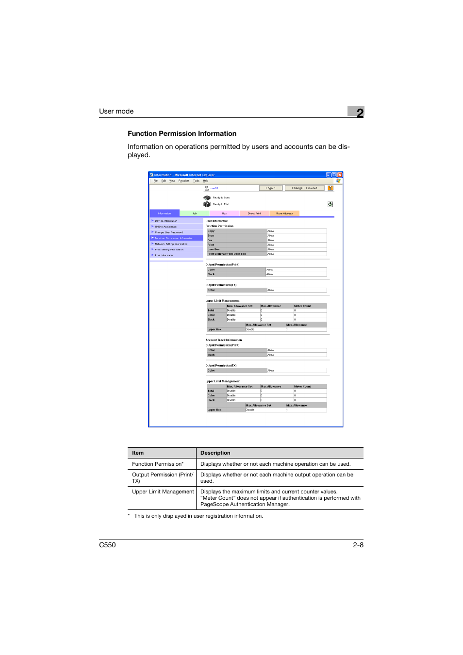 Function permission information, Function permission information -8 | Konica Minolta bizhub C550 User Manual | Page 43 / 243