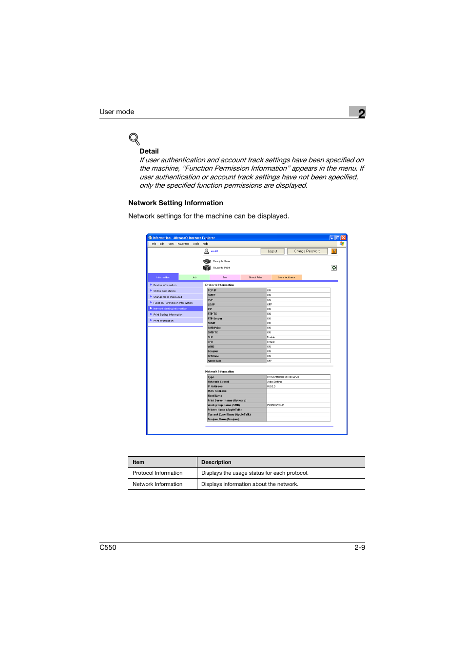 Network setting information, Network setting information -9 | Konica Minolta bizhub C550 User Manual | Page 44 / 243