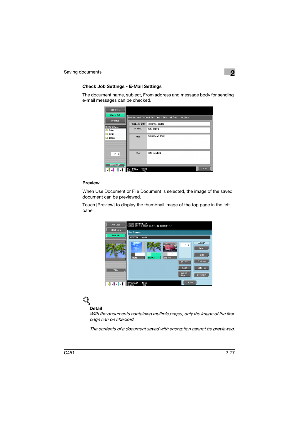 Check job settings - e-mail settings, Preview | Konica Minolta bizhub C451 User Manual | Page 112 / 354