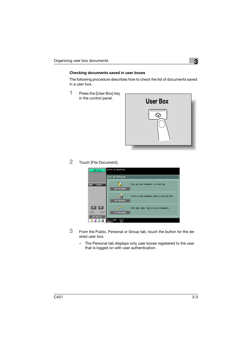 Checking documents saved in user boxes, Checking documents saved in user boxes -3 | Konica Minolta bizhub C451 User Manual | Page 118 / 354