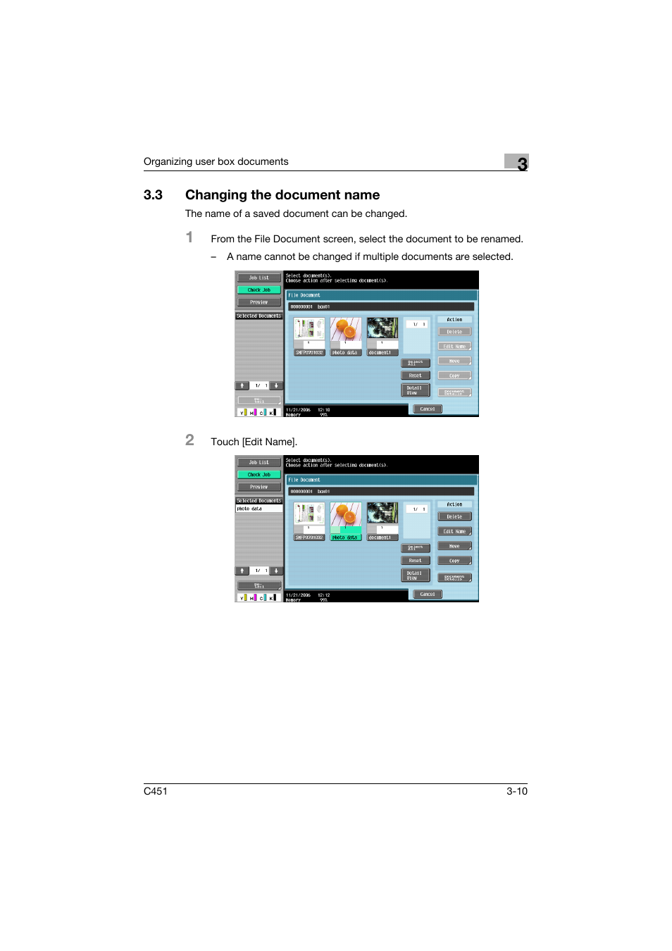 3 changing the document name, Changing the document name -10, P. 3-10 | Konica Minolta bizhub C451 User Manual | Page 125 / 354