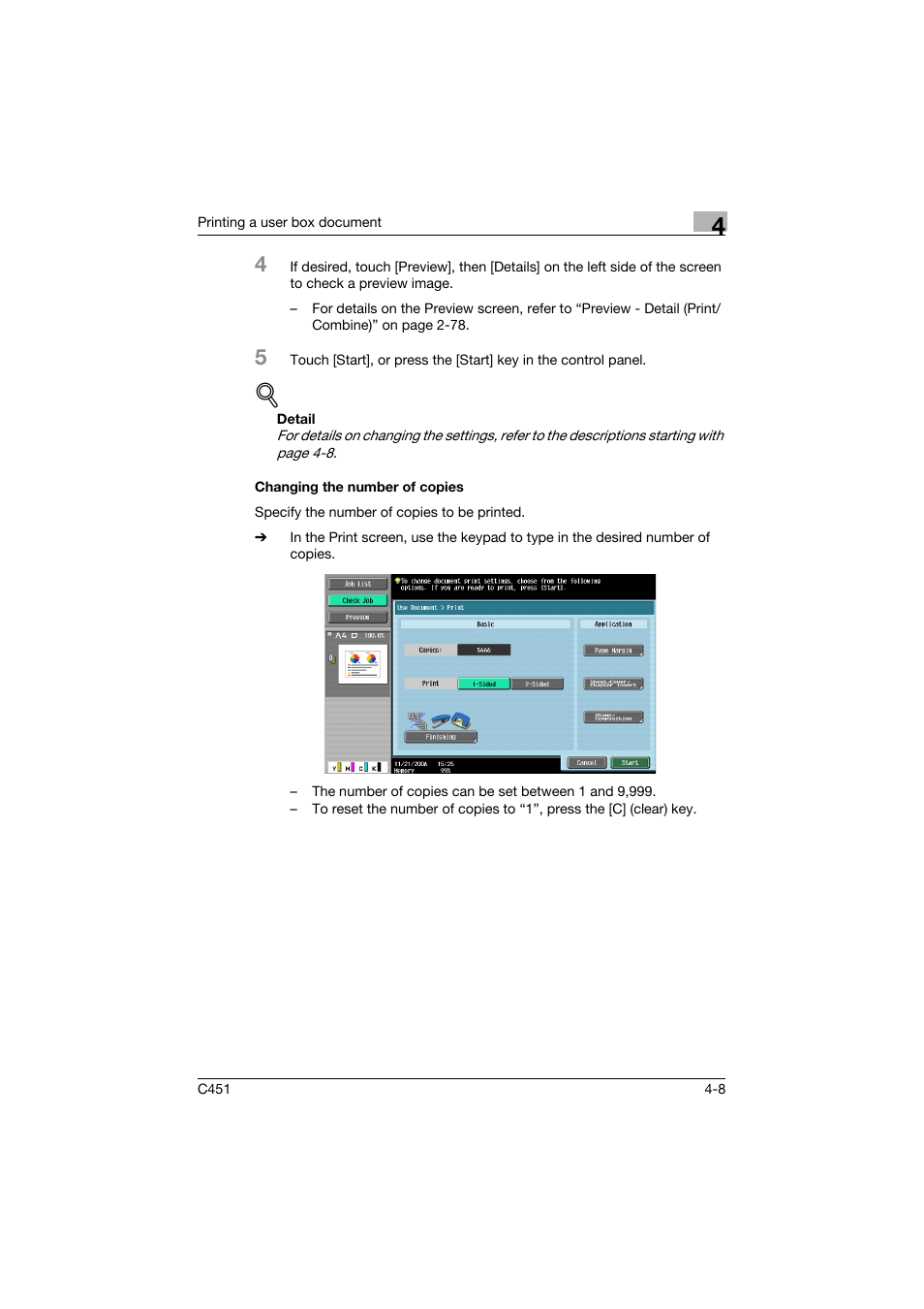 Changing the number of copies, Changing the number of copies -8, P. 4-8 | Konica Minolta bizhub C451 User Manual | Page 143 / 354