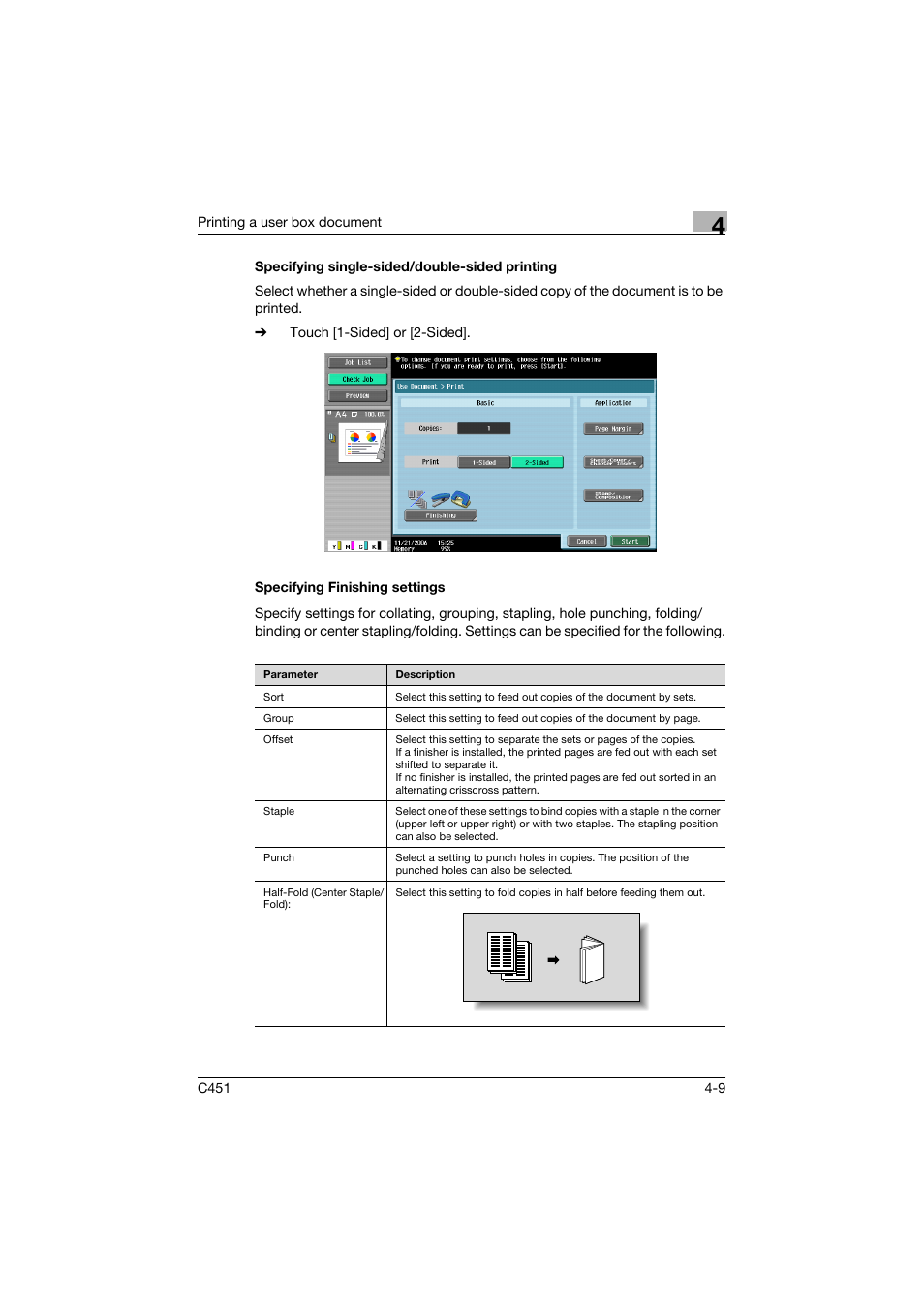 Specifying single-sided/double-sided printing, Specifying finishing settings, Specifying single-sided/double-sided printing -9 | Specifying finishing settings -9, P. 4-9 | Konica Minolta bizhub C451 User Manual | Page 144 / 354