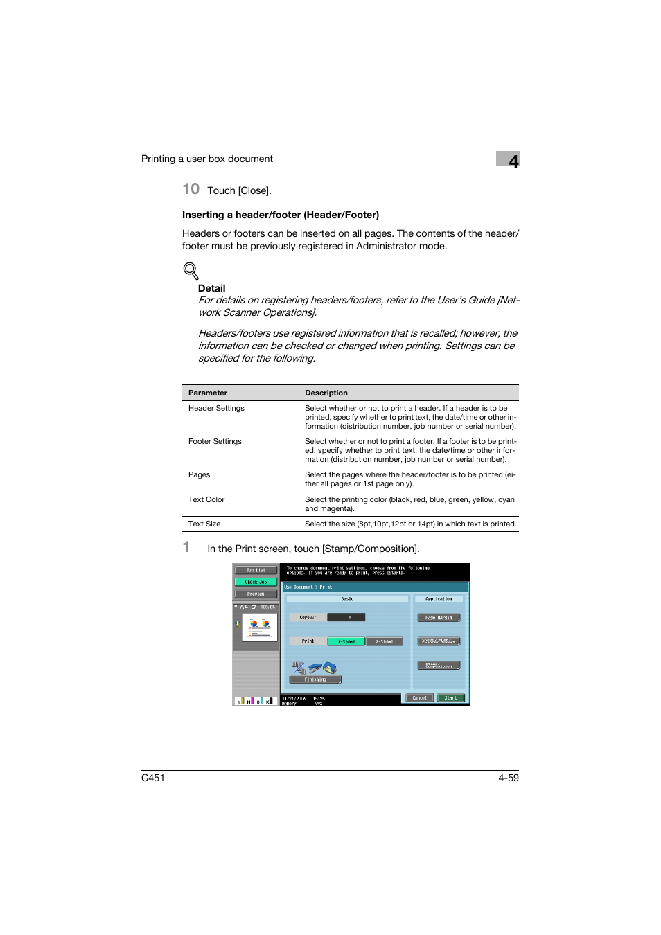 Inserting a header/footer (header/footer), Inserting a header/footer (header/footer) -59 | Konica Minolta bizhub C451 User Manual | Page 194 / 354