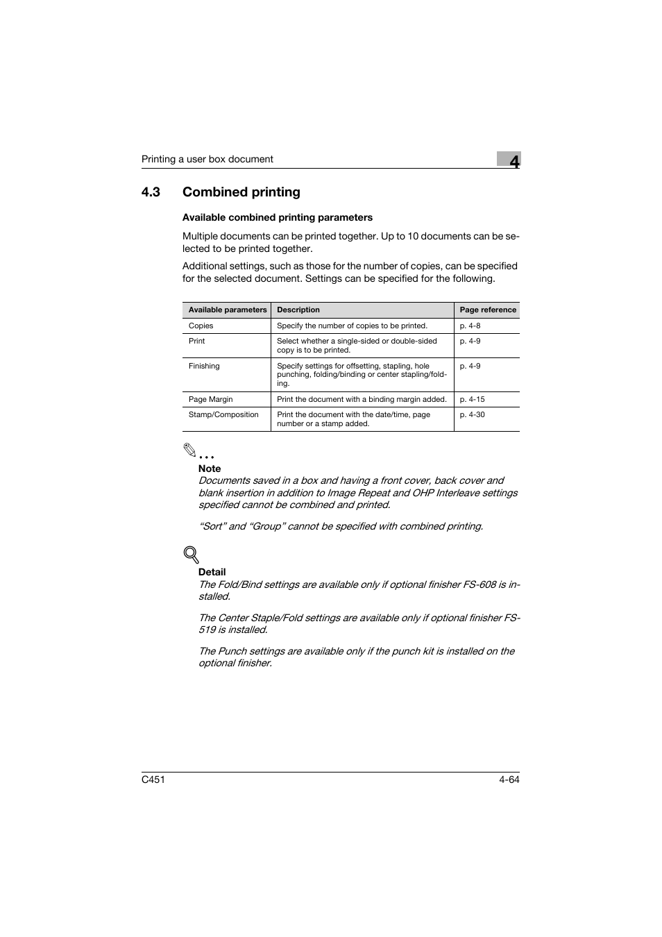 3 combined printing, Available combined printing parameters, Combined printing -64 | Available combined printing parameters -64, P. 4-64 | Konica Minolta bizhub C451 User Manual | Page 199 / 354