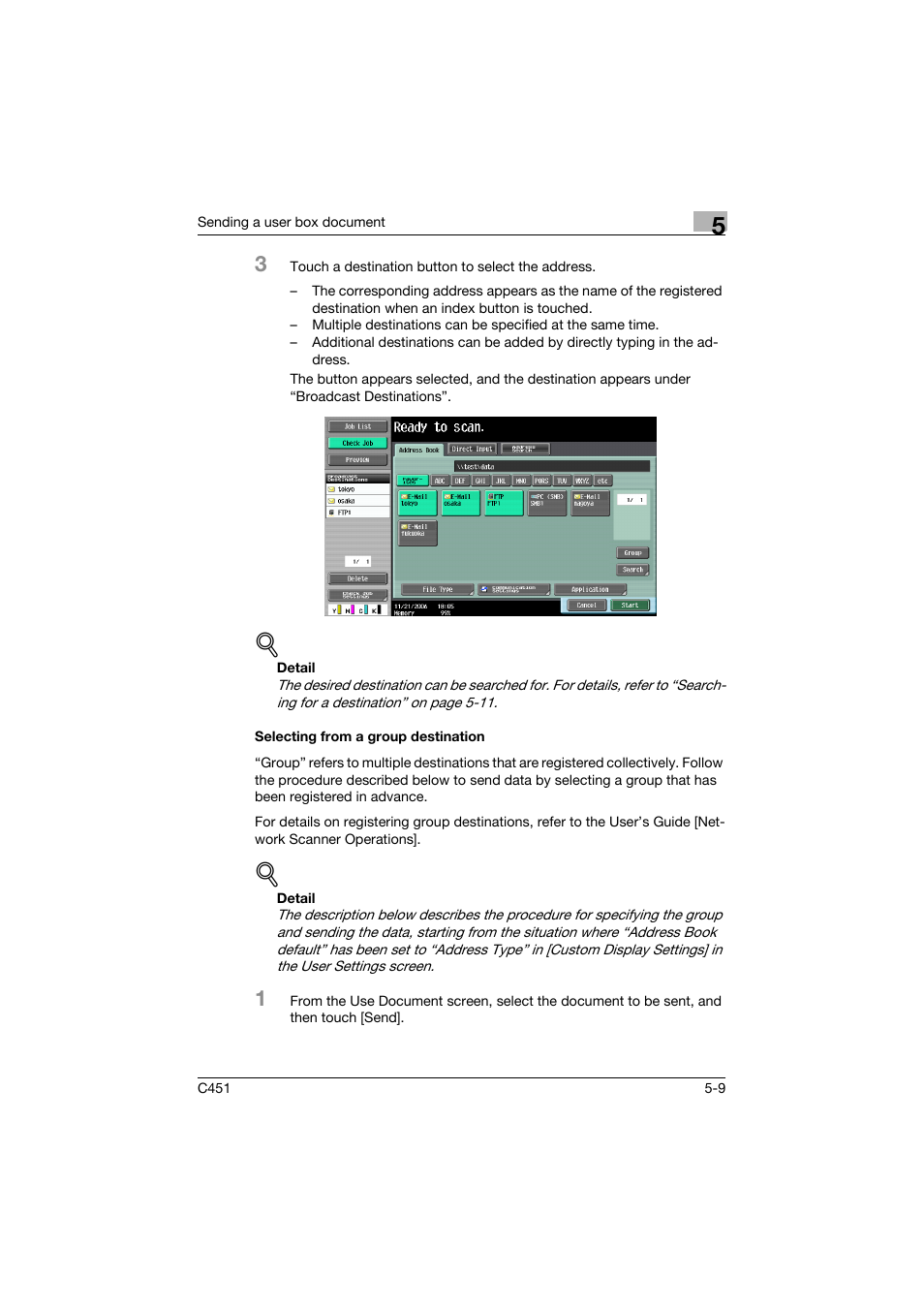 Selecting from a group destination, Selecting from a group destination -9, P. 5-9 | Konica Minolta bizhub C451 User Manual | Page 211 / 354