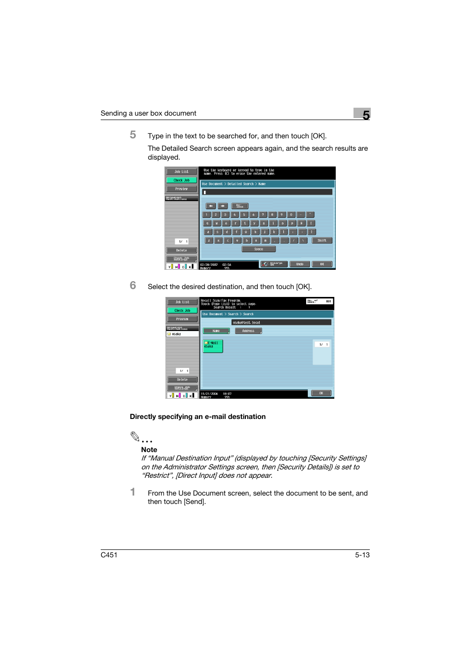 Directly specifying an e-mail destination, Directly specifying an e-mail destination -13, P. 5-13 | Konica Minolta bizhub C451 User Manual | Page 215 / 354