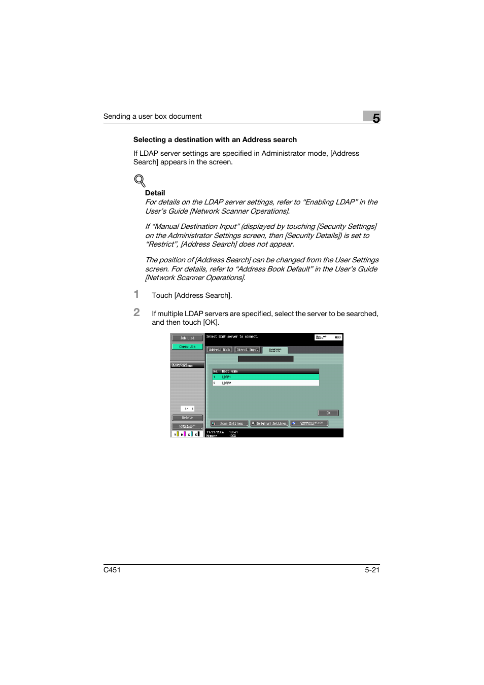 Selecting a destination with an address search, Selecting a destination with an address search -21, P. 5-21 | Konica Minolta bizhub C451 User Manual | Page 223 / 354