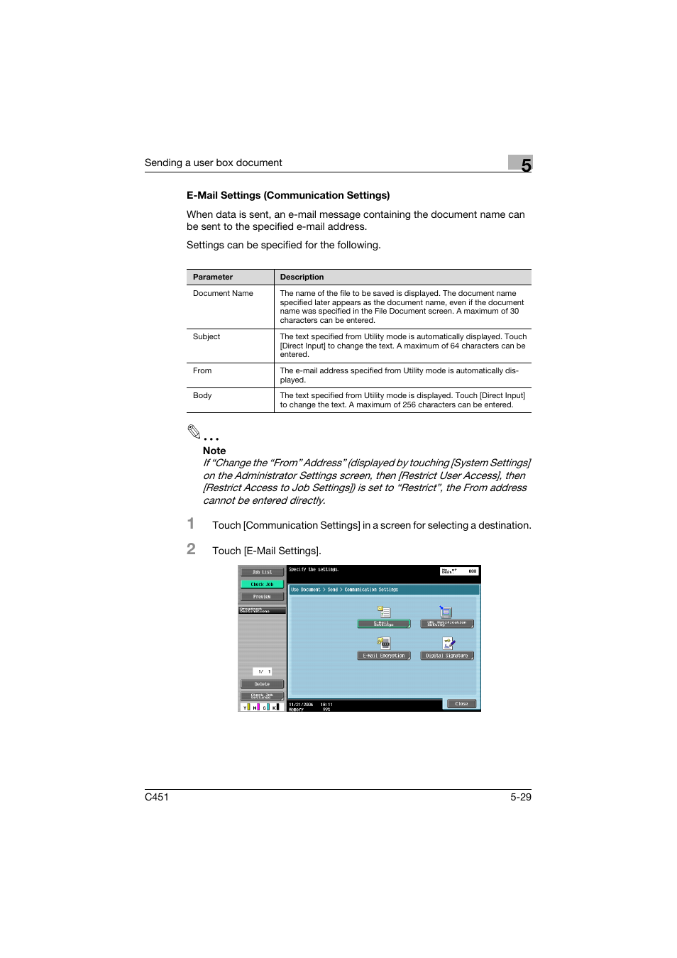 E-mail settings (communication settings), E-mail settings (communication settings) -29, P. 5-29 | Konica Minolta bizhub C451 User Manual | Page 231 / 354