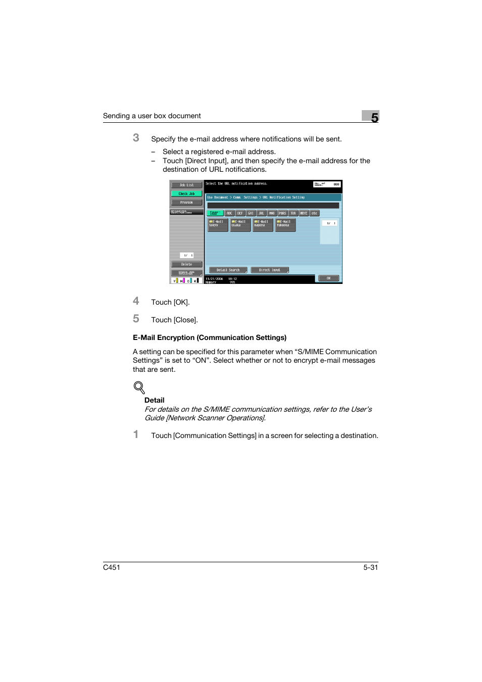 E-mail encryption (communication settings), E-mail encryption (communication settings) -31, P. 5-31 | Konica Minolta bizhub C451 User Manual | Page 233 / 354