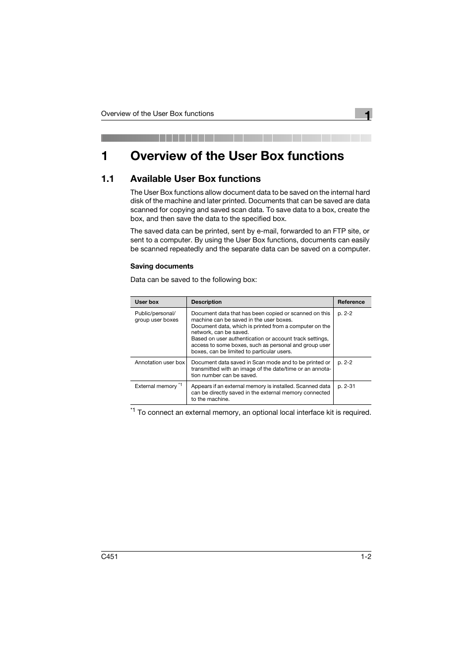 1 overview of the user box functions, 1 available user box functions, Saving documents | Overview of the user box functions, Available user box functions -2, Saving documents -2, R 1 overview of the user box functions, 1overview of the user box functions | Konica Minolta bizhub C451 User Manual | Page 24 / 354